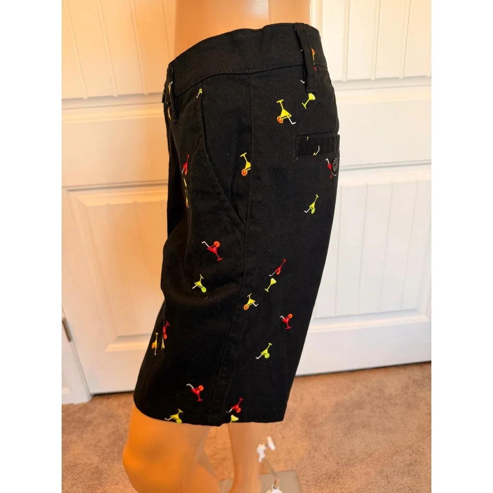 Raw Yarn Industries Black Cocktail Martini Embroidered Stretch Twill Shorts 32